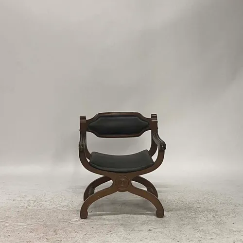 Navy Leather & Wood Curule Arm Chair - SE2977