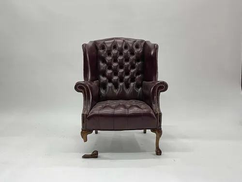 Tufted Burgundy Leather Wingback Chair