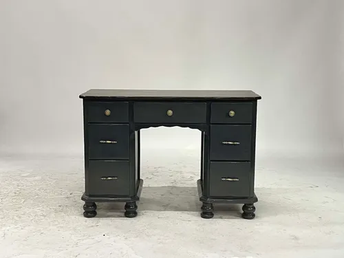 Gray Painted 7-Drawer Desk with Faux Marble Top & Silver Pulls