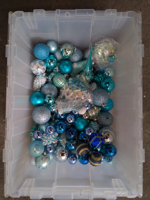 Bin of Assorted Light Blue Ornaments