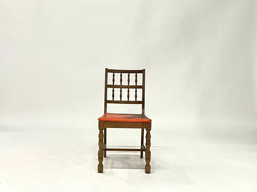 Wood Spindle Back Orange Leather Upholstered Side Chair