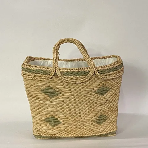 Vintage Lined Woven Basket With Green Details - BSKT86