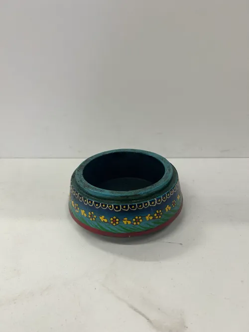 Blue Floral Painted Wooden Bowl 