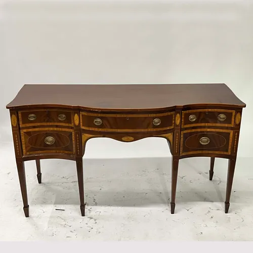 Antique Mahogany Veneer 5-Drawer Console Table with Marquetry & Oval Pulls