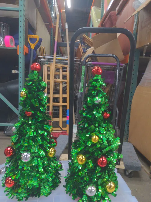 Green Tinsel Christmas Trees with Ornaments- Set of 2