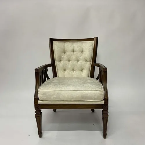 Antique Wood & White Upholstered Arm Chair - SEB357
