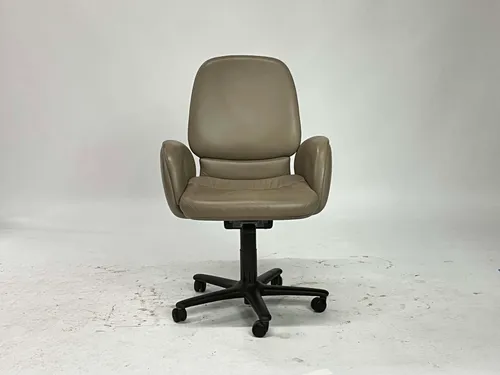 Beige Gray Leather Mid-Century Office Chair
