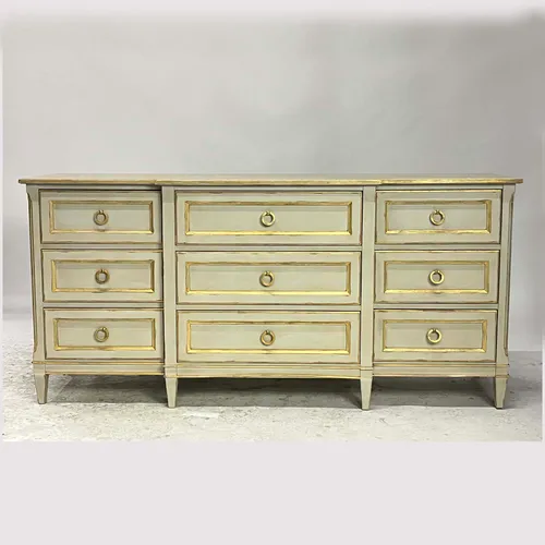 Antique White & Gold Breakfront 9-Drawer Dresser with Ring Pulls