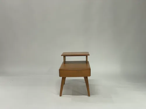 Caramel Wood Mid-Century Step Side Table with Drawer