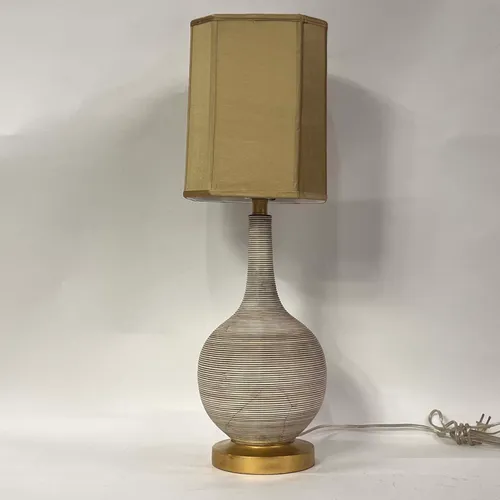Gray & White Striped Bottleneck Table Lamp with Gold Base & Gold Shade - LI153