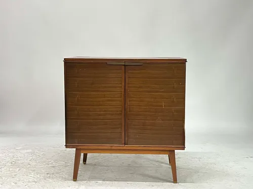 Mid-Century Modern Horizontal Stripe Wood Veneer Bar Cabinet with Flat Brass Handles
