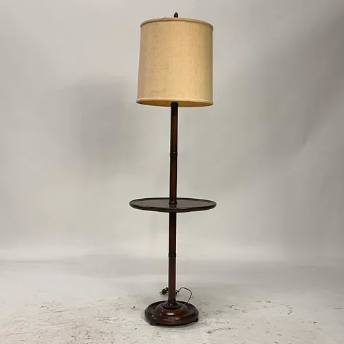 Dark Wood Floor Lamp End Table with Beige Shade - LI420