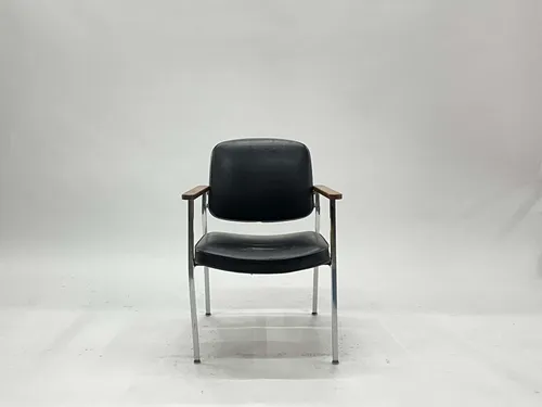 Black Leather Chair with Wooden Armrests