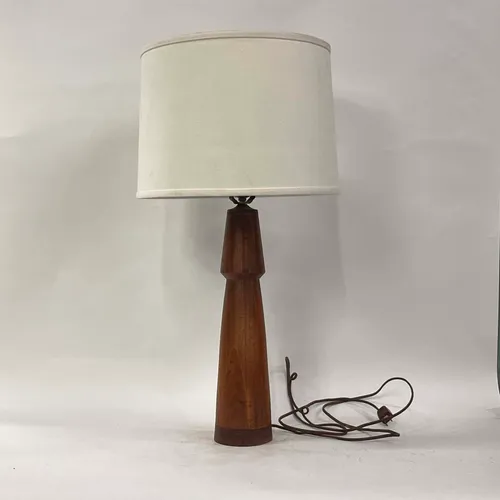 Mid-Century Walnut Pillar Table Lamp with White Shade - LI231