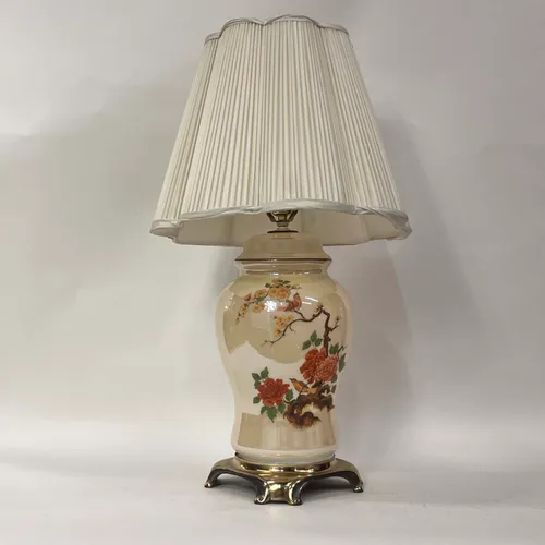Iridescent Ivory Ceramic Chinese Floral Table Lamp with White Shade - LI257