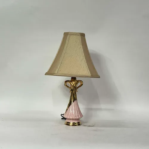Small Polished Gold & Pink Table Lamp with Beige Shade - LI98