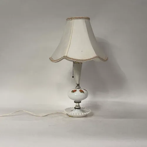 Victorian White Glass Table Lamp with Pink Roses & White Shade - LI131