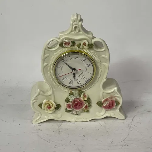 White Porcelain Table Clock With Flowers - A758
