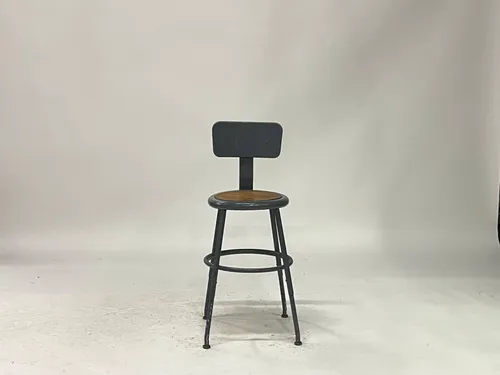 Round Painted Gray Metal Counter Stool with Backrest & Wood Seat