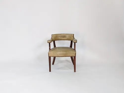 Beige Leather Barrelback Chair with Bronze Studs