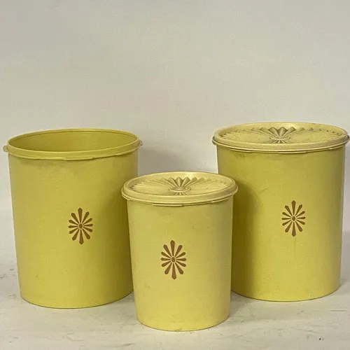 Vintage Lemon Colored 3pc Tupperware Set With Floral Accent - KT206