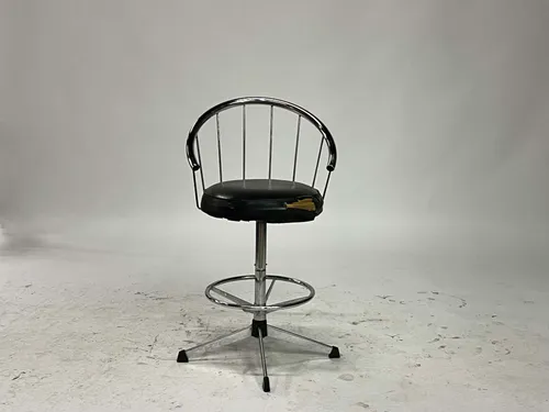 Distressed Black Leather & Chrome Barrel Back Counter Stool