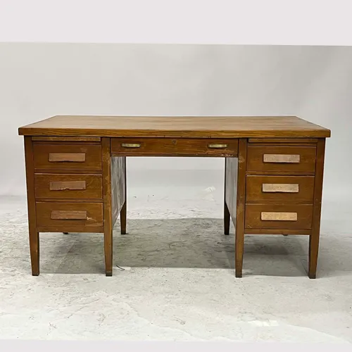 Mid-Century Modern Oak 7-Drawer Desk