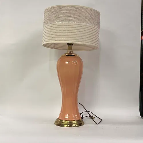 Peach Glass & Brass Table Lamp with Woven Shade - LI312