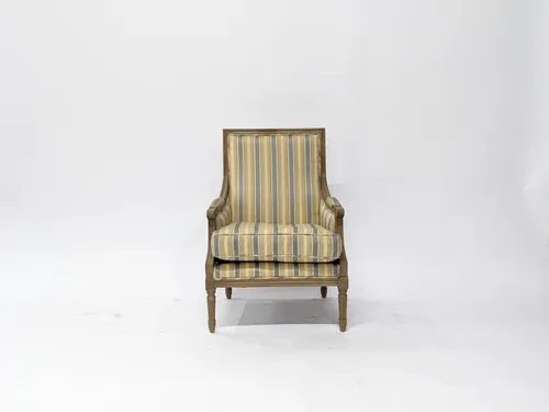 19th Century French Louis XVI Carved Wood Striped Armchair