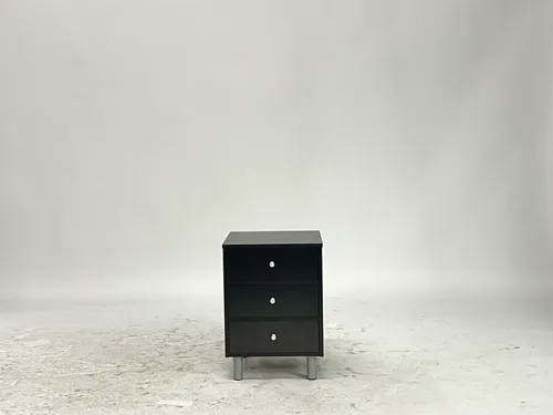 Black 3-Drawer Nightstand with White Knobs & Steel Legs
