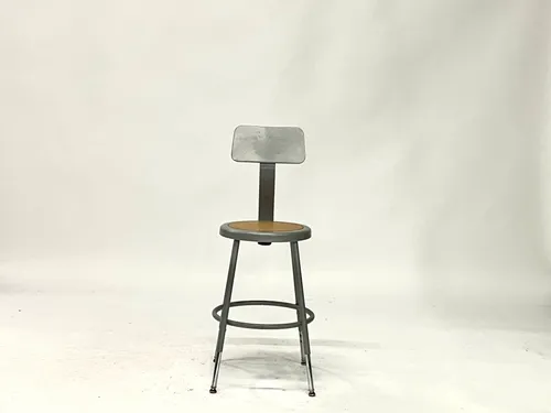Round Gray Metal Bar Stool with Backrest & Wood Seat