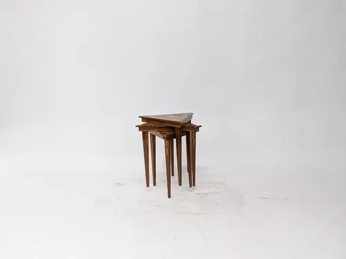 Walnut & Gold Triangle Nesting Tables, Set of 3