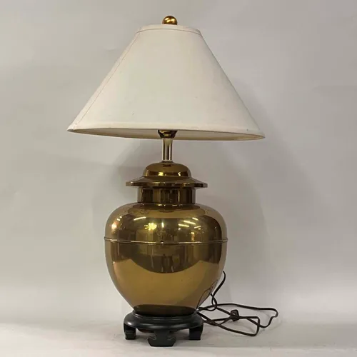 Mid-Century Round Brass Table Lamp with White Shade - LI316