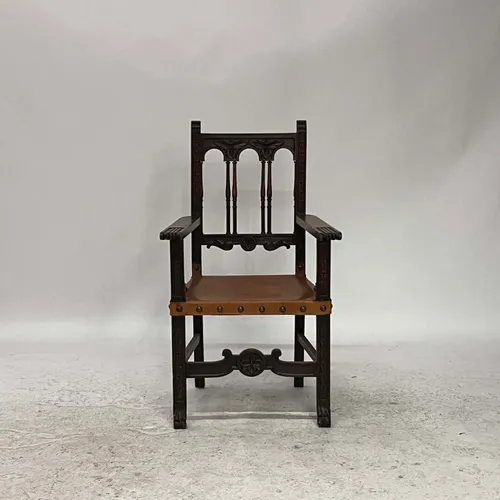 Antique Spanish Colonial Leather & Wood Arm Chair - SE2947