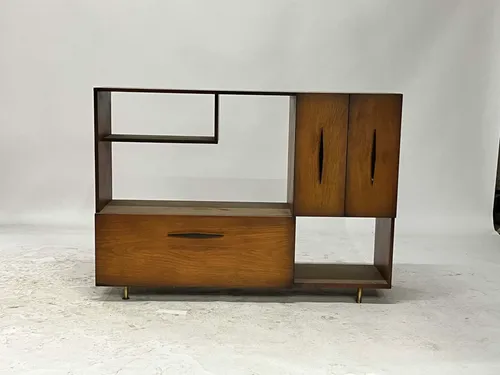 Vintage Mid-Century Modern Walnut Media Console with Black Tapered Handles
