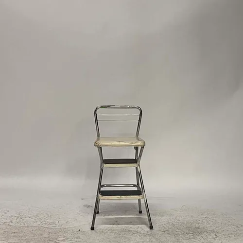 Vintage 1950s White Leather & Metal Step-Stool High Chair - SE2968