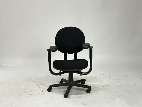 Round Dark Navy Fabric Adjustable Ergonomic Office Chair with Leather Arms