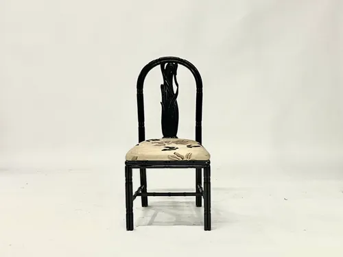 Glossy Black Faux Bamboo Floral Beige Upholstered Dining Chair