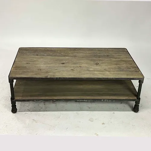 Reclaimed Elm & Metal Industrial Coffee Table with Casters