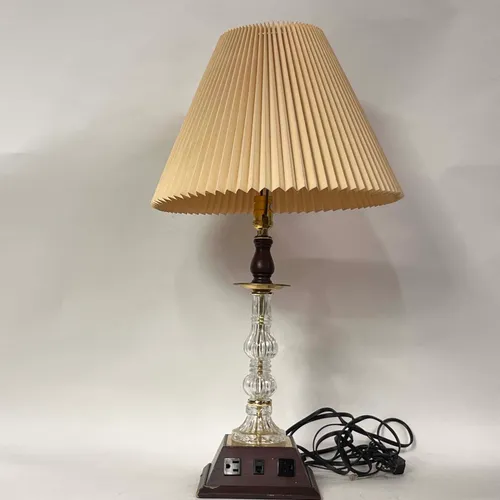 Glass & Brass Hotel Room Table Lamp with Outlets & Phone Jack - LI161