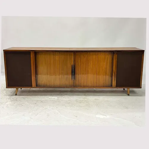 Vintage Mid-Century Modern Wood Media Console with Brown Speakers & Black Tapered Handles
