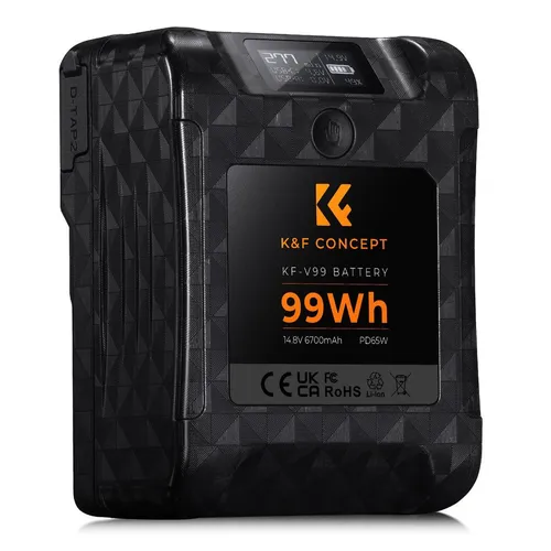 V-Mount akku, 99Wh, 14.8V, 6700mAH, PD65W, oled kijelző (K&F Concept)