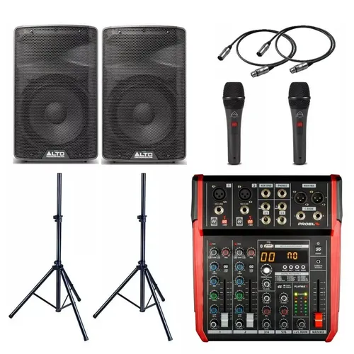 Impianto audio completo professionale, 2 casse, mixer, 2 microfoni con tr