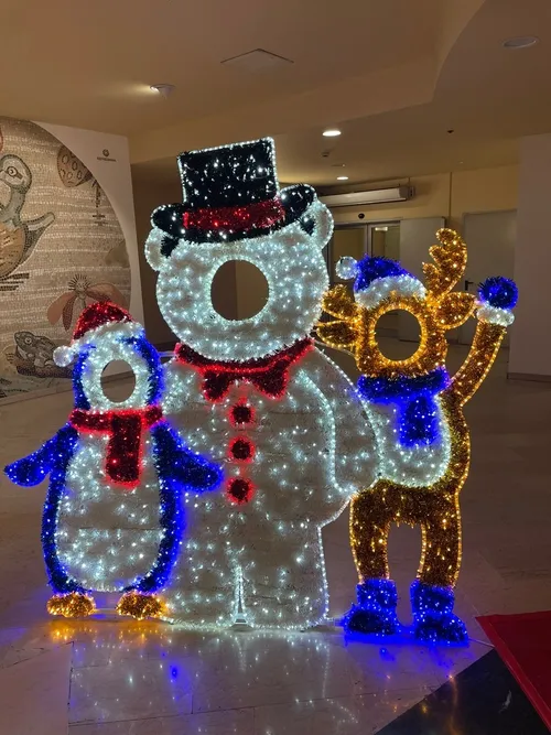 Postazione selfie natalizia con trio pinguino, renna, pupazzo neve cm 237x230 illuminata 24v noleggio