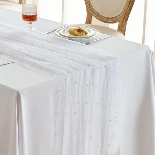 White Chiffon w/ Pearl Table Runner