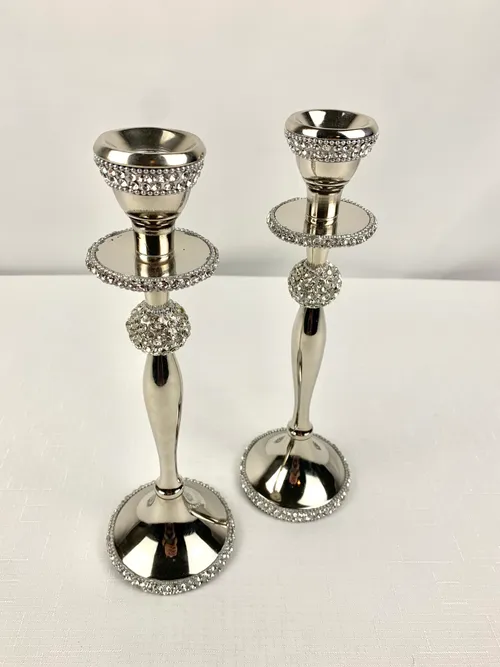 Set of Silver Embellished Candlesticks
