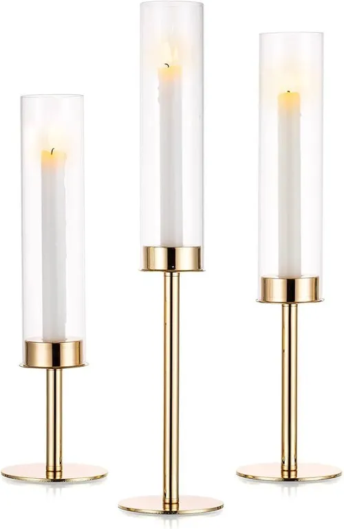 Gold Glass Hurricane Candle Holder Set