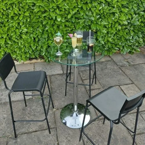 Glass Poseur Table & 2 Bar Stools 