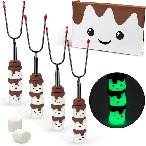 Glow in the Dark Marshmallow Roasting Sticks - Set of 4 Rotating Smores Sticks - Telescoping Extra Long Marshmallow Sticks for Fire Pit