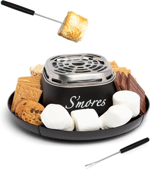 Tabletop Indoor Electric S'mores Maker - Smores Kit With Marshmallow Roasting Sticks and 4 Trays for Graham Crackers, Chocolate, and Marshmallows